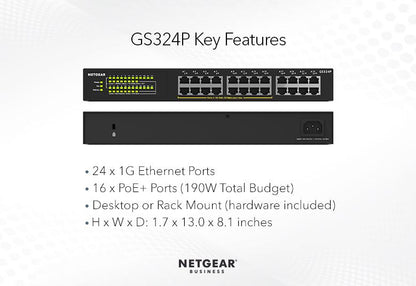 NETGEAR 24-Port Gigabit Ethernet Unmanaged Switch with 16-Ports PoE+ 190W (GS324P-100EUS / GS324P-100AJS)