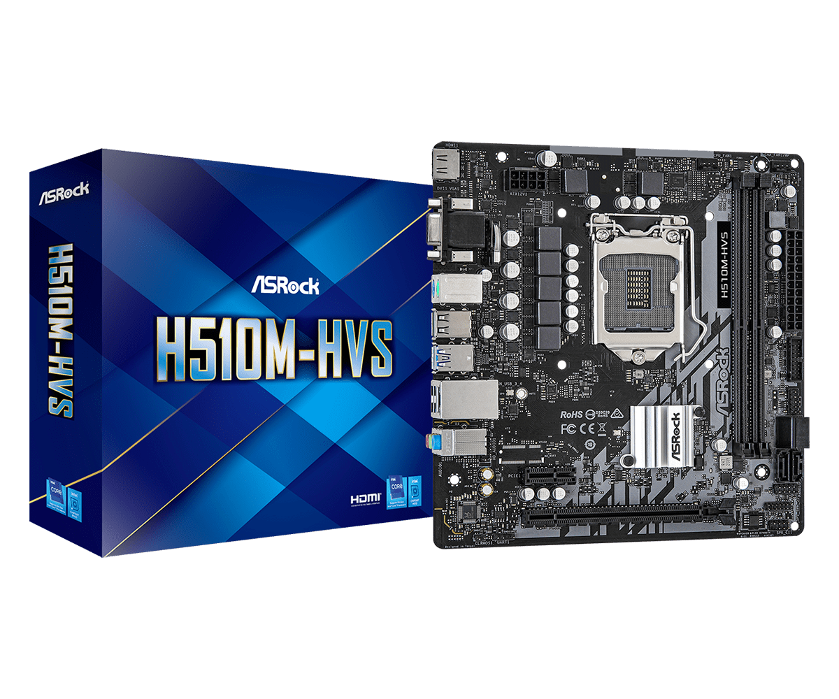 ASRock H510M-HVS Supports 10th Gen Intel® Core™ Processors and 11th Gen Intel® Core™ Processors, Supports DDR4 3200MHz (OC)