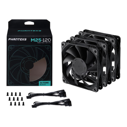 Phanteks M25-120 Fan, High-Airflow Radiator Performance, PWM Control up to 2000RPM, Daisy-Chain Cable, Black 3-Pack (PH-F120M25_PWM_BBK01_3P)