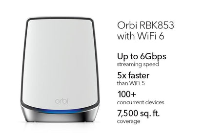 NETGEAR AX6000 WiFi Mesh System Orbi 850 Series Tri-band WiFi 6 Mesh System, 6Gbps, Router + 2 Satellites (RBK853-100EUS)