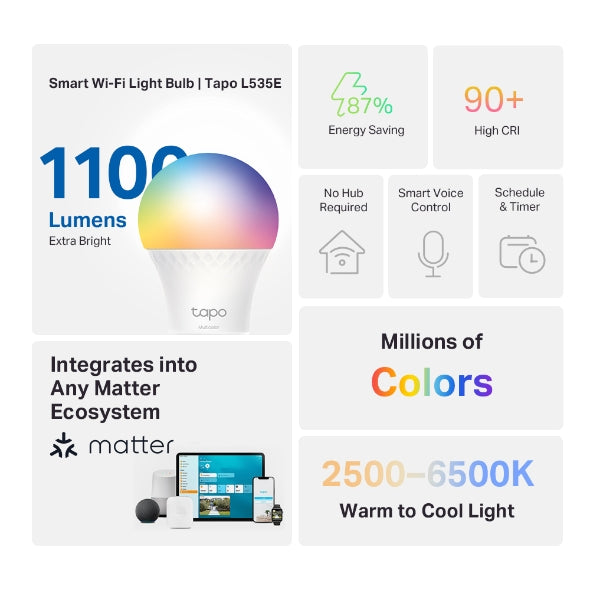 Tp-Link Tapo L535E I Smart WiFi Light Bulb, Multicolor