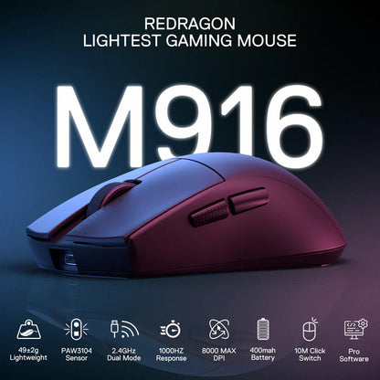 Redragon M916-WL-LITE K1ng Wireless Lite Dual Mode Ultra Light-Weight Gaming Mouse - Black