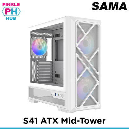 SAMA S41 Mid-Tower PC Case, 4 ARGB Fans, Pre-Installed ARGB HUB (White)