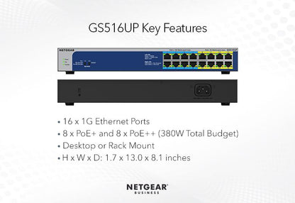 NEATGEAR 16-Port Gigabit Ethernet High-Power PoE+ Unmanaged Switch with 8-Ports PoE++380W (GS516UP-100EUS)