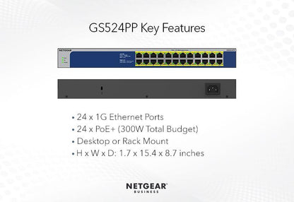 NETGEAR 24-Port Gigabit Ethernet High-Power PoE+ Unmanaged Switch 300W (GS524PP-100EUS)