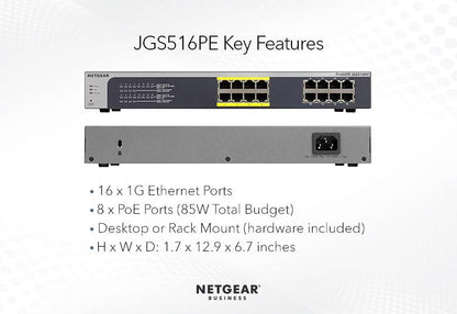 NETGEAR 16-Port Gigabit Plus Switch with 8-Ports PoE (JGS516PE-100EUS)