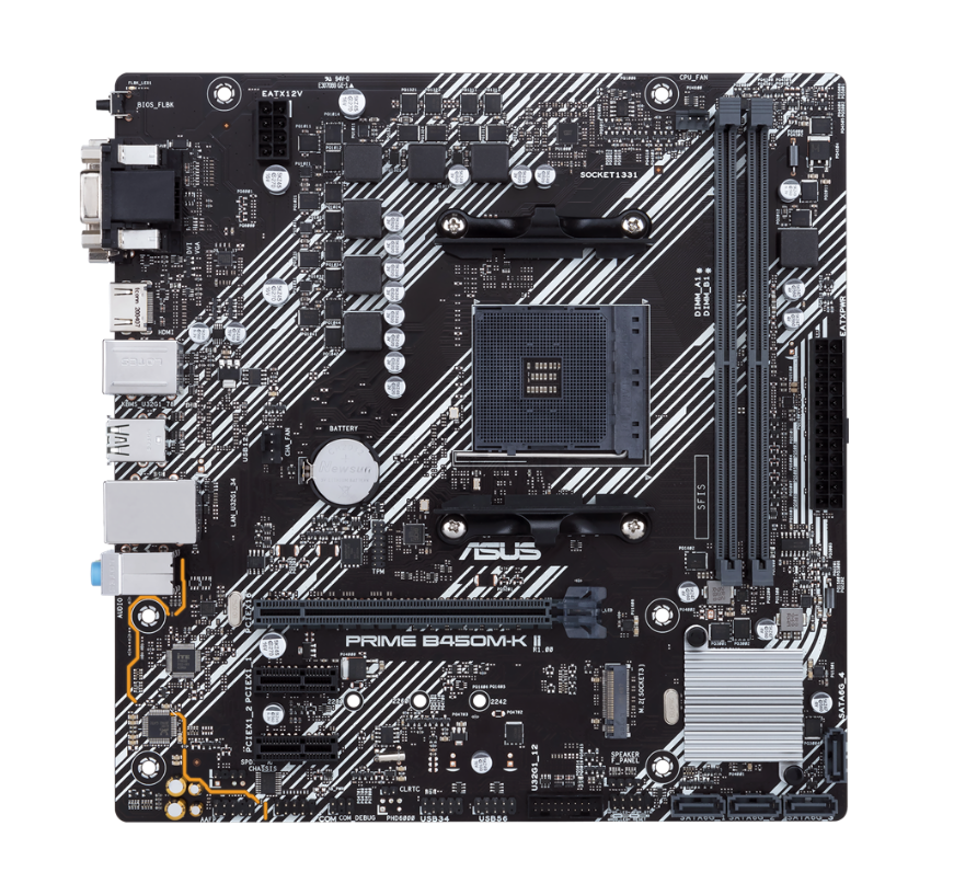 ASUS AMD B450 (Ryzen AM4) micro ATX motherboard with M.2 support, HDMI/DVI-D/D-Sub, SATA 6 Gbps, 1 Gb Ethernet, USB 3.2 Gen 1 Type-A, BIOS FlashBack™ (PRIME B450M-K II)