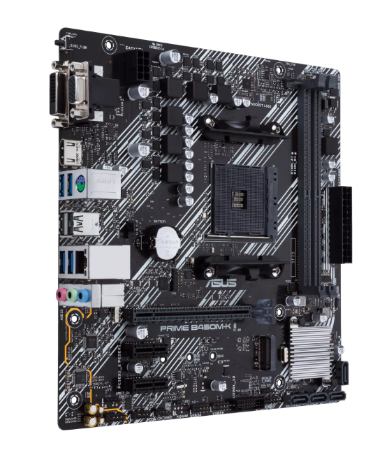 ASUS AMD B450 (Ryzen AM4) micro ATX motherboard with M.2 support, HDMI/DVI-D/D-Sub, SATA 6 Gbps, 1 Gb Ethernet, USB 3.2 Gen 1 Type-A, BIOS FlashBack™ (PRIME B450M-K II)