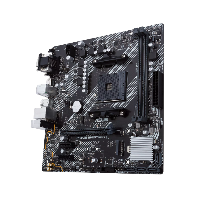 ASUS AMD B450 (Ryzen AM4) micro ATX motherboard with M.2 support, HDMI/DVI-D/D-Sub, SATA 6 Gbps, 1 Gb Ethernet, USB 3.2 Gen 1 Type-A, BIOS FlashBack™ (PRIME B450M-K II)