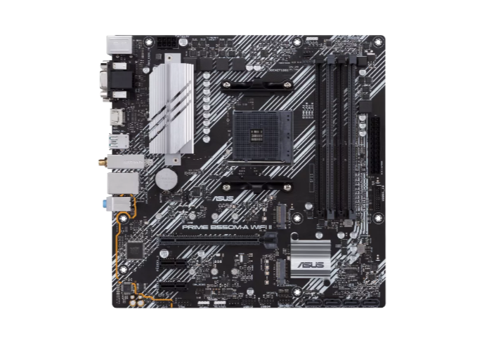 ASUS AMD B550 (Ryzen AM4) micro ATX motherboard with dual M.2, PCIe 4.0, Wi-Fi 6, 1 Gb Ethernet, HDMI, DVI-D, D-Sub, SATA 6 Gbps, USB 3.2 Gen 2 Type-A, and Aura Sync RGB lighting support (PRIME B550M-A WIFI II)