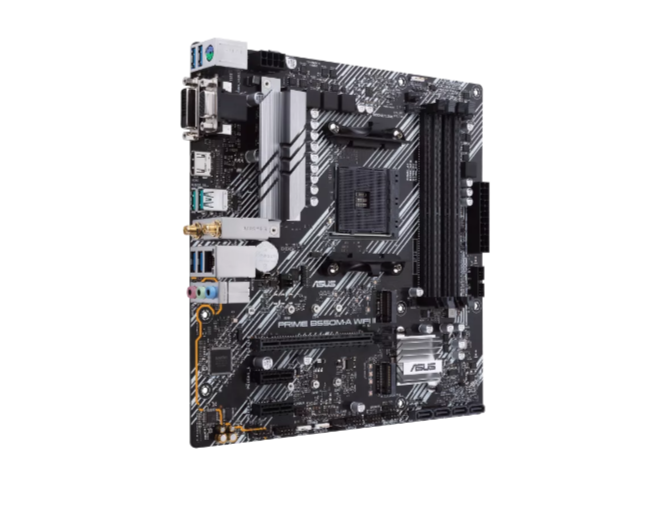 ASUS AMD B550 (Ryzen AM4) micro ATX motherboard with dual M.2, PCIe 4.0, Wi-Fi 6, 1 Gb Ethernet, HDMI, DVI-D, D-Sub, SATA 6 Gbps, USB 3.2 Gen 2 Type-A, and Aura Sync RGB lighting support (PRIME B550M-A WIFI II)