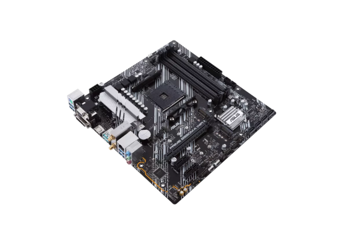 ASUS AMD B550 (Ryzen AM4) micro ATX motherboard with dual M.2, PCIe 4.0, Wi-Fi 6, 1 Gb Ethernet, HDMI, DVI-D, D-Sub, SATA 6 Gbps, USB 3.2 Gen 2 Type-A, and Aura Sync RGB lighting support (PRIME B550M-A WIFI II)