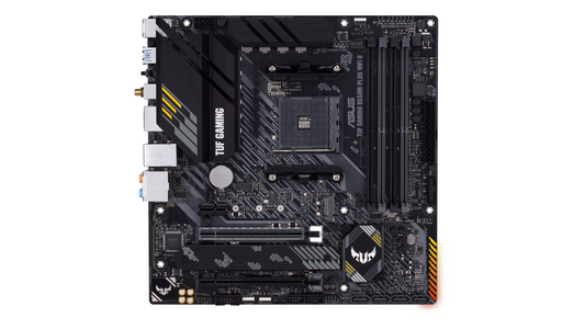 ASUS AMD B550 (Ryzen AM4) micro ATX gaming motherboard with PCIe 4.0, dual M.2, 10 DrMOS power stages, Wi-Fi 6, 2.5 Gb Ethernet, HDMI, DisplayPort, SATA 6 Gbps, USB 3.2 Gen 2 Type-A and Type-C®, BIOS FlashBack™, and Aura Sync RGB lighting support