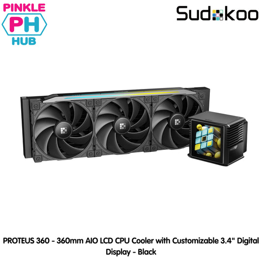 SUDOKOO PROTEUS 360 - 360mm AIO LCD CPU Cooler with Customizable 3.4" Digital Display - Black