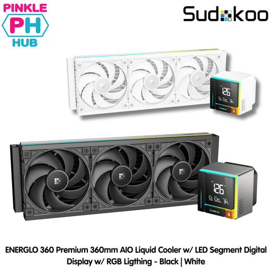 SUDOKOO ENERGLO 360 - Premium 360mm AIO Liquid Cooler w/ LED Segment Digital Display w/ RGB Lighting - Black | White