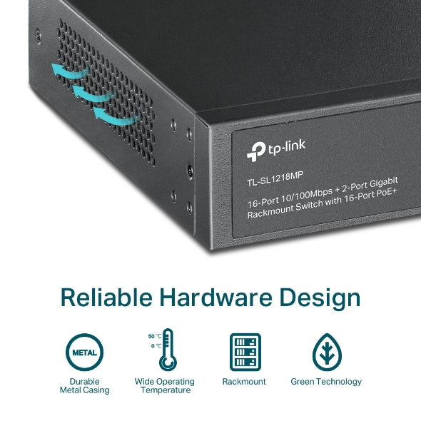 Tp-Link TL-SL1218MP I 16-Port 10/100 Mbps + 2-Port Gigabit Rackmount Switch with 16-Port PoE+