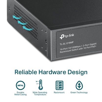 Tp-Link TL-SL1218P I 16-Port 10/100 Mbps + 2-Port Gigabit Rackmount Switch with 16-Port PoE+