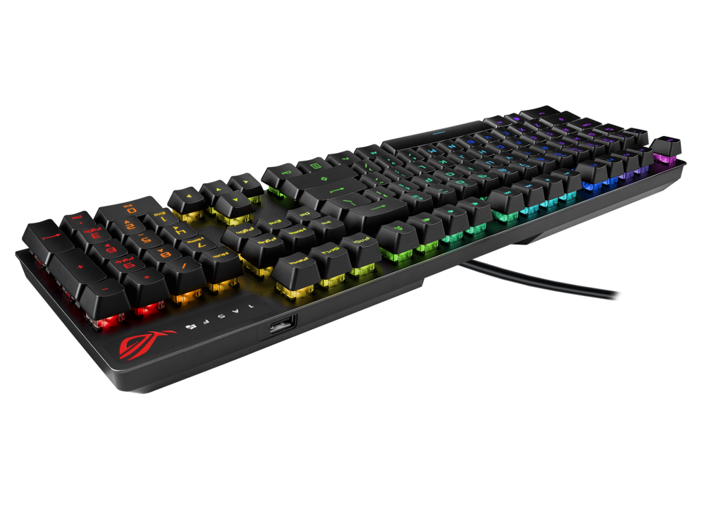 ASUS ROG Strix Scope RX optical RGB gaming keyboard for FPS gamers, with ROG RX Optical Mechanical Switches, all-round Aura Sync RGB illumination, IP56 water and dust resistance, USB 2.0 passthrough, and alloy top plate