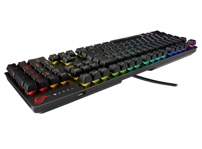 ASUS ROG Strix Scope RX optical RGB gaming keyboard for FPS gamers, with ROG RX Optical Mechanical Switches, all-round Aura Sync RGB illumination, IP56 water and dust resistance, USB 2.0 passthrough, and alloy top plate