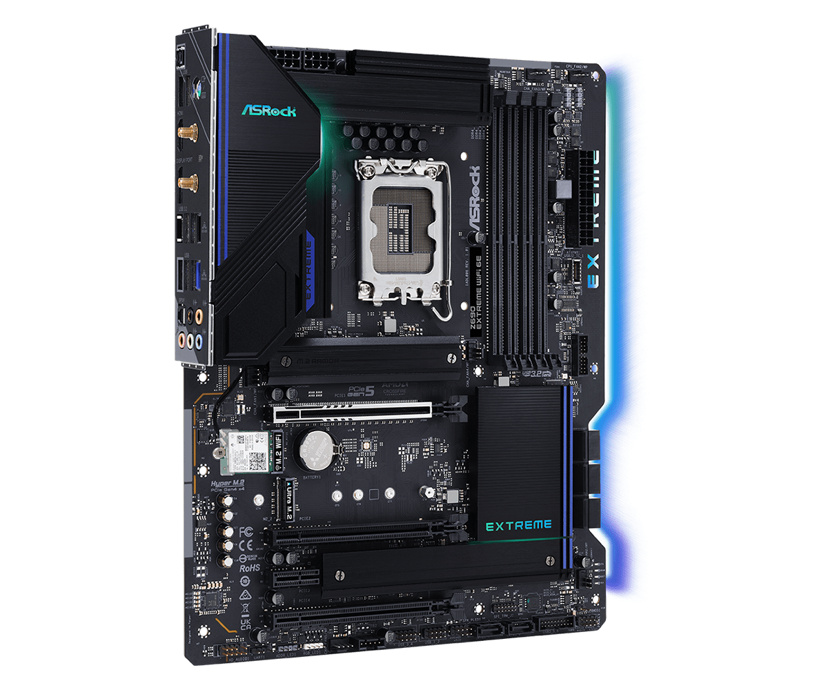 ASRock Z690 Extreme WiFi 6E Supports 13th Gen & 12th Gen and next gen Intel® Core™ Processors (LGA1700) plus 802.11ax (WiFi 6E) + Bluetooth 5.3