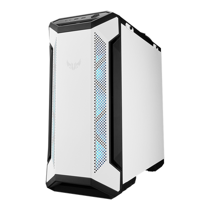 ASUS TUF Gaming GT501 White Edition case supports up to EATX with metal front panel, tempered-glass side panel, 120 mm RGB fan, 140 mm PWM fan, radiator space reserved, and USB 3.1 Gen 1