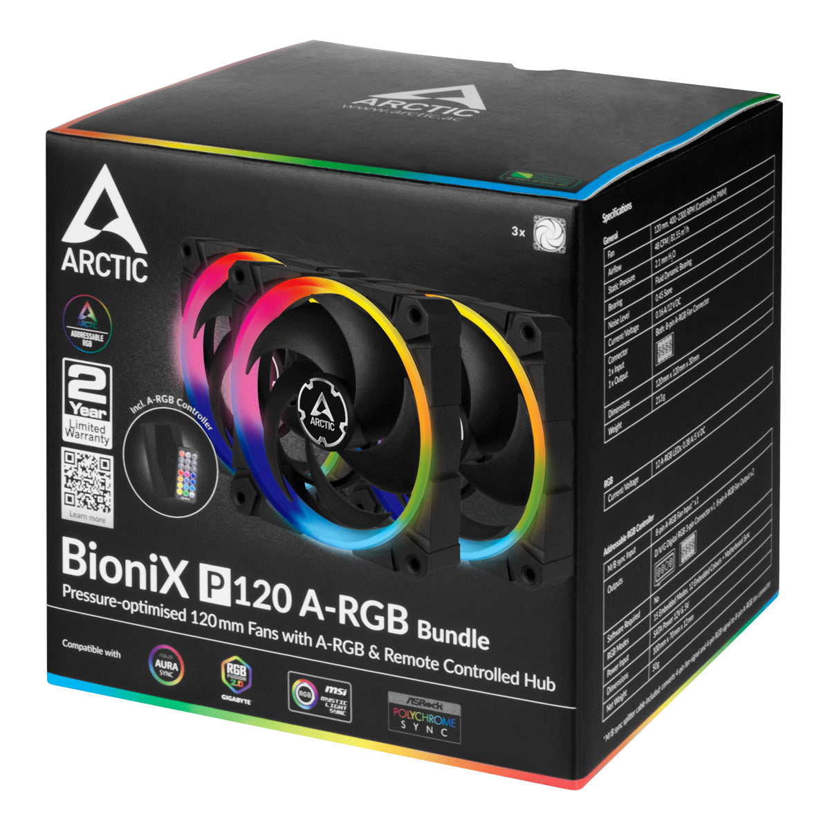 Arctic BioniX P120 A-RGB Pressure-Optimised 120 mm Fan with A-RGB (3 Fans + Controller Bundle)  (ACFAN00156A)