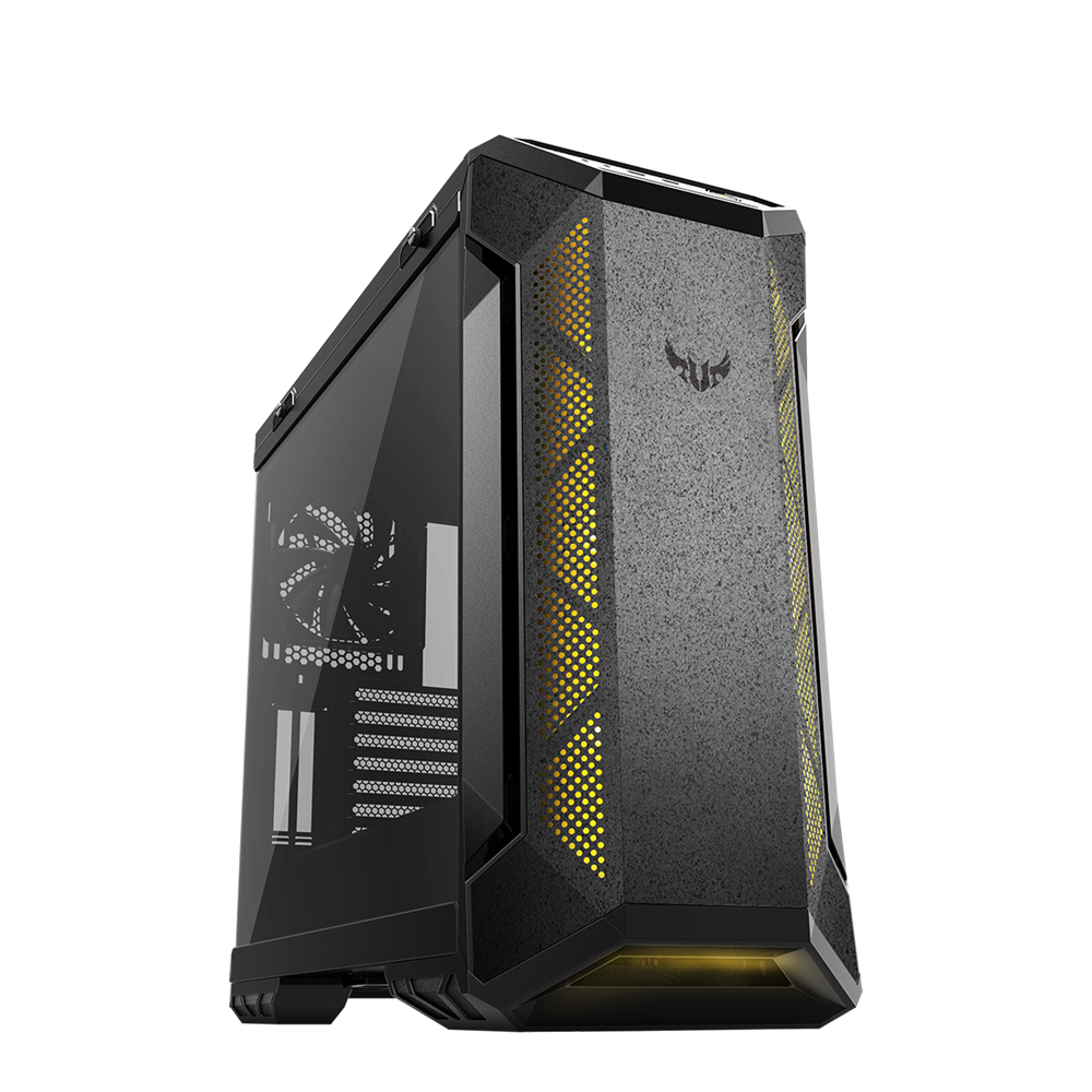 ASUS TUF Gaming GT501 Gray Edition case supports up to EATX with metal front panel, tempered-glass side panel, 120 mm RGB fan, 140 mm PWM fan, radiator space reserved, and USB 3.1 Gen 1