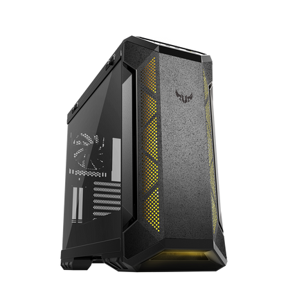 ASUS TUF Gaming GT501 Gray Edition case supports up to EATX with metal front panel, tempered-glass side panel, 120 mm RGB fan, 140 mm PWM fan, radiator space reserved, and USB 3.1 Gen 1