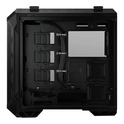 ASUS TUF Gaming GT501 Gray Edition case supports up to EATX with metal front panel, tempered-glass side panel, 120 mm RGB fan, 140 mm PWM fan, radiator space reserved, and USB 3.1 Gen 1