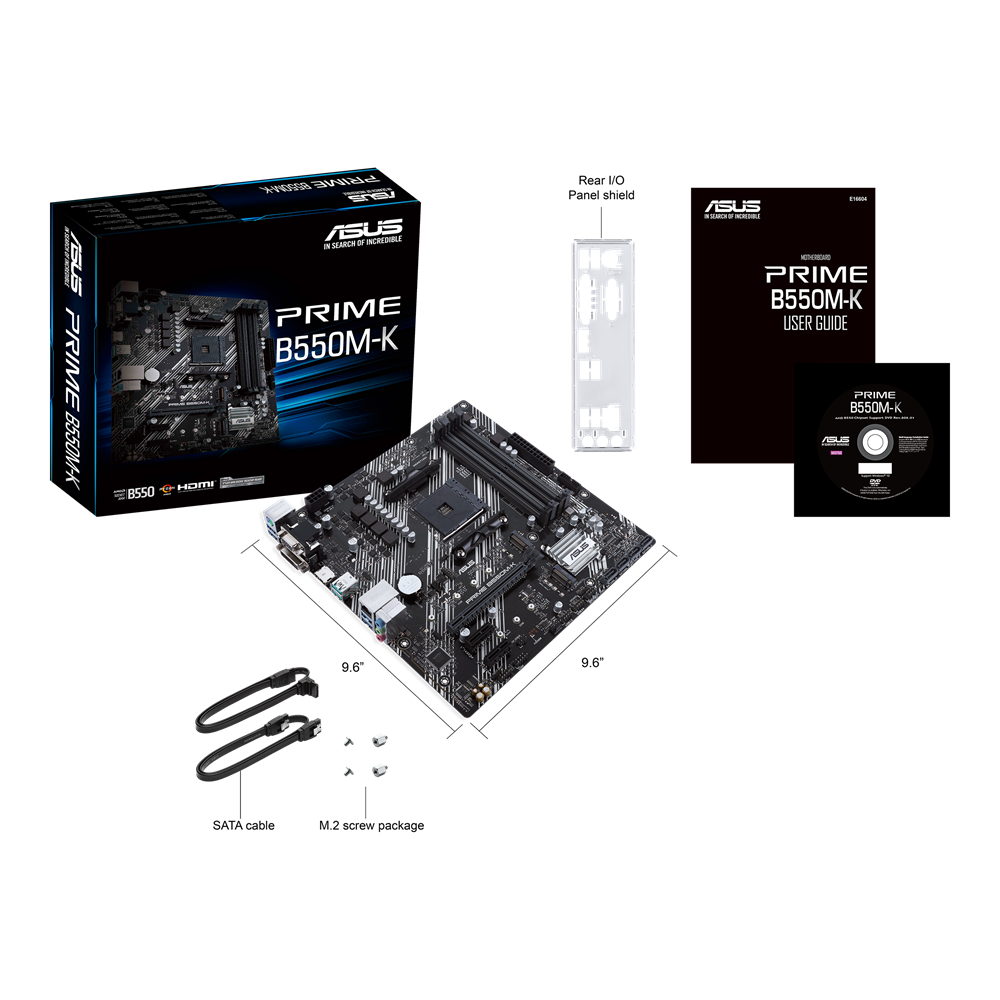 ASUS MB PRIME B550M-K,AMD B550 (Ryzen AM4) micro ATX motherboard with dual M.2, PCIe 4.0, 1 Gb Ethernet, HDMI/D-Sub/DVI, SATA 6 Gbps, USB 3.2 Gen 2 Type-A