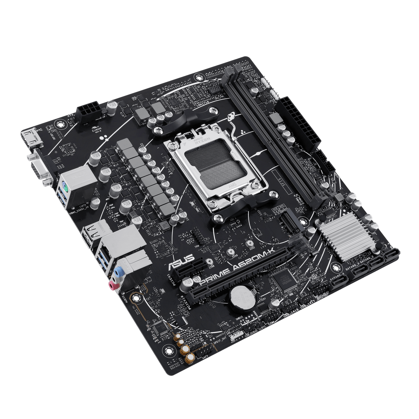 ASUS AMD A620 micro-ATX motherboard, DDR5, PCIe 4.0 Graphics card and PCIe 4.0 M.2 support, HDMI™, VGA, USB 3.2 Gen 1 Type-A, SATA 6 Gbps, Two-Way AI Noise Cancelation, Aura Sync (PRIME A620M-K)