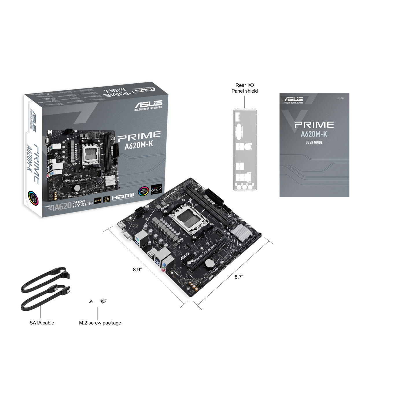 ASUS AMD A620 micro-ATX motherboard, DDR5, PCIe 4.0 Graphics card and PCIe 4.0 M.2 support, HDMI™, VGA, USB 3.2 Gen 1 Type-A, SATA 6 Gbps, Two-Way AI Noise Cancelation, Aura Sync (PRIME A620M-K)