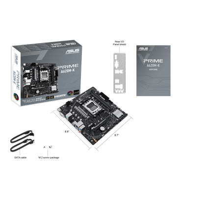 ASUS AMD A620 micro-ATX motherboard, DDR5, PCIe 4.0 Graphics card and PCIe 4.0 M.2 support, HDMI™, VGA, USB 3.2 Gen 1 Type-A, SATA 6 Gbps, Two-Way AI Noise Cancelation, Aura Sync (PRIME A620M-K)