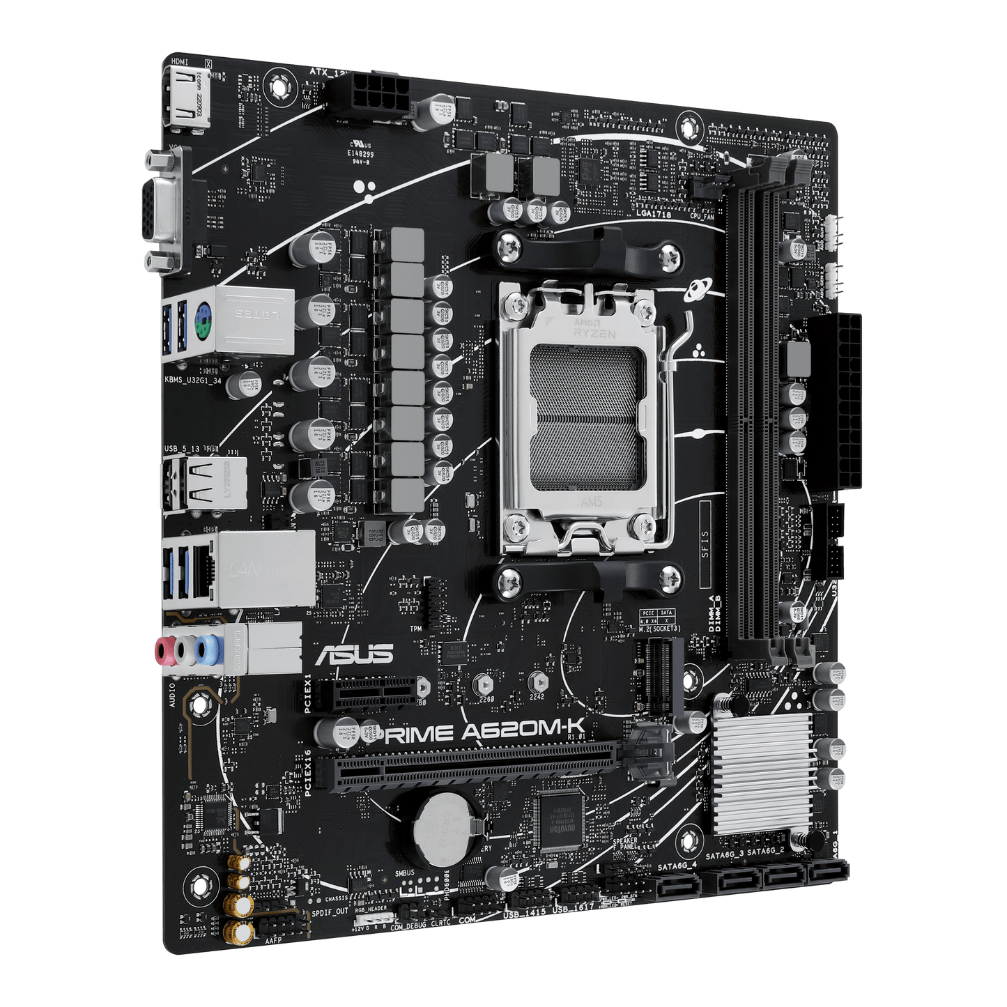 ASUS AMD A620 micro-ATX motherboard, DDR5, PCIe 4.0 Graphics card and PCIe 4.0 M.2 support, HDMI™, VGA, USB 3.2 Gen 1 Type-A, SATA 6 Gbps, Two-Way AI Noise Cancelation, Aura Sync (PRIME A620M-K)