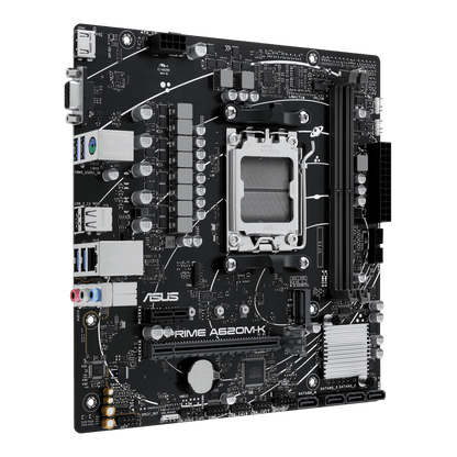 ASUS AMD A620 micro-ATX motherboard, DDR5, PCIe 4.0 Graphics card and PCIe 4.0 M.2 support, HDMI™, VGA, USB 3.2 Gen 1 Type-A, SATA 6 Gbps, Two-Way AI Noise Cancelation, Aura Sync (PRIME A620M-K)