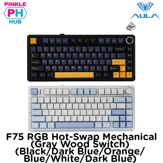 AULA F75 RGB Hot-Swap Mechanical Gaming Keyboard (Gray Wood Switch) (Black/Dark Blue/Orange, Blue/White/Dark Blue)