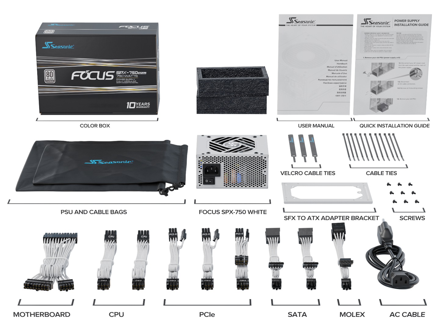 SeaSonic Focus SPX-750 SFX 12 V, ATX 12 V, Fully Modular, 80 PLUS Platinum Certified, White (SSR-750SPX White)