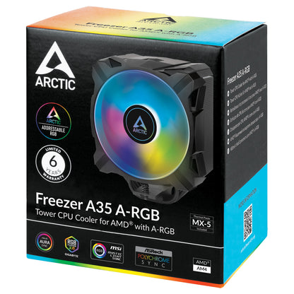 Arctic Freezer A35 A-RGB - Single Tower CPU Cooler with A-RGB, AMD Specific, Pressure Optimized 120 mm P-Fan, 200-1700 RPM, 4 Heat Pipes, incl. MX-5 Thermal Paste (ACFRE00115A)