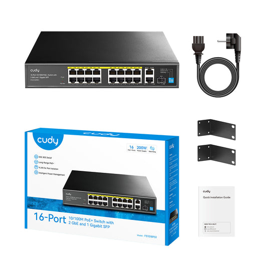 Cudy 16-Port 10/100M PoE+ Switch with 2 Gigabit Uplink and 1 SFP Port 200w