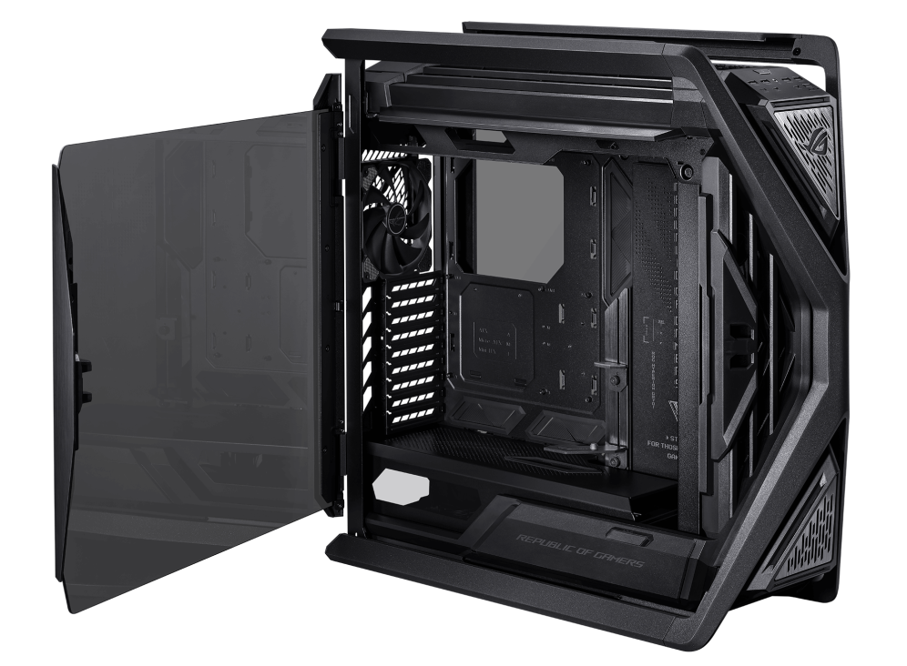 ASUS ROG Hyperion GR701 E-ATX computer case, 420 mm dual radiator support, four 140 mm fans, metal GPU holder, component storage, ARGB fan hub, 60W fast charging