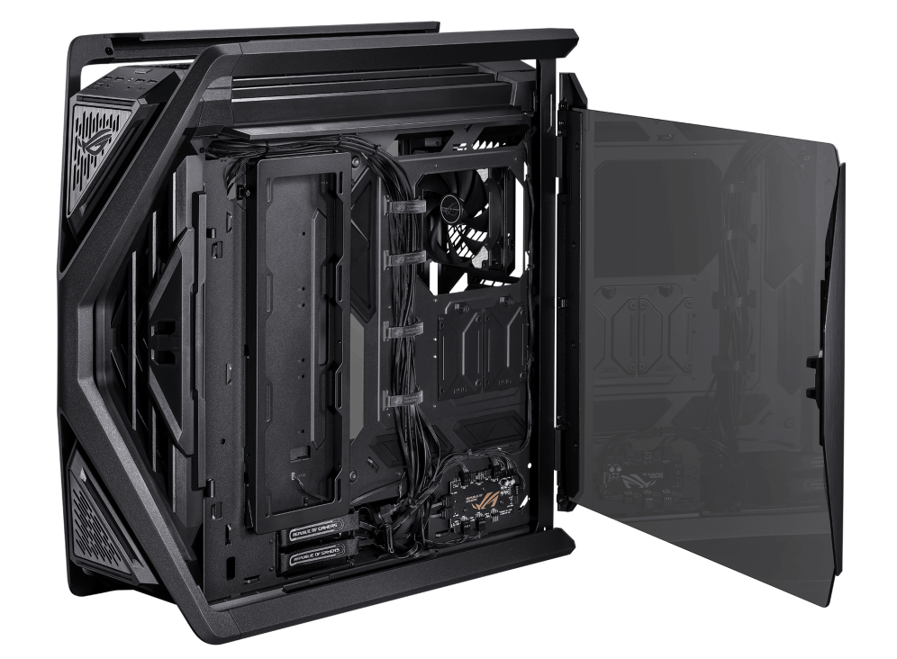 ASUS ROG Hyperion GR701 E-ATX computer case, 420 mm dual radiator support, four 140 mm fans, metal GPU holder, component storage, ARGB fan hub, 60W fast charging