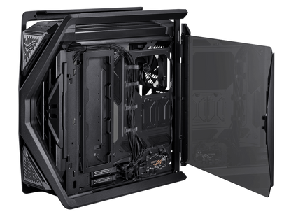 ASUS ROG Hyperion GR701 E-ATX computer case, 420 mm dual radiator support, four 140 mm fans, metal GPU holder, component storage, ARGB fan hub, 60W fast charging