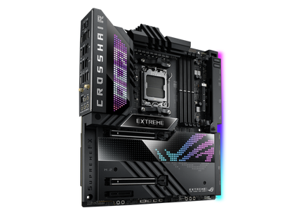 ASUS ROG Crosshair X670E Extreme, Gargantuan 20 + 2 teamed power solution, 6400 MT/s+, AMD EXPO, DRAM IC profiles, and AEMP,PCIe. 5.0,PCIe 5.0 M.2 Card