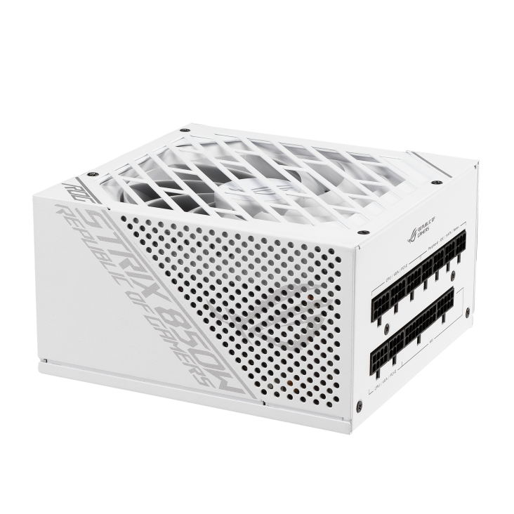 ASUS ROG Strix 850W White Edition PSU, ROG Heatsinks, Axial-tech, Fan Design, Dual Ball Fan Bearings, 0dB Technology