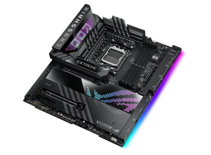 ASUS ROG Crosshair X670E Extreme, Gargantuan 20 + 2 teamed power solution, 6400 MT/s+, AMD EXPO, DRAM IC profiles, and AEMP,PCIe. 5.0,PCIe 5.0 M.2 Card