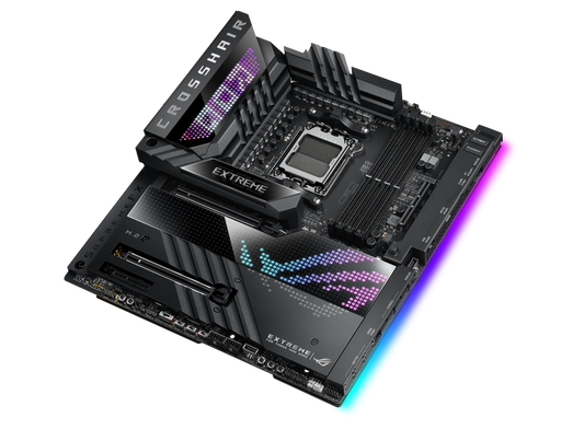 ASUS ROG Crosshair X670E Extreme, Gargantuan 20 + 2 teamed power solution, 6400 MT/s+, AMD EXPO, DRAM IC profiles, and AEMP,PCIe. 5.0,PCIe 5.0 M.2 Card