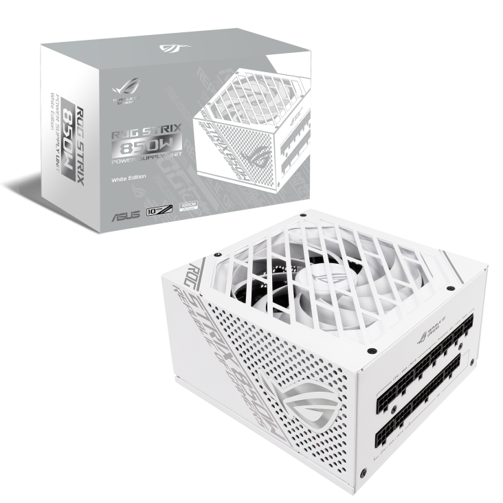 ASUS ROG Strix 850W White Edition PSU, ROG Heatsinks, Axial-tech, Fan Design, Dual Ball Fan Bearings, 0dB Technology