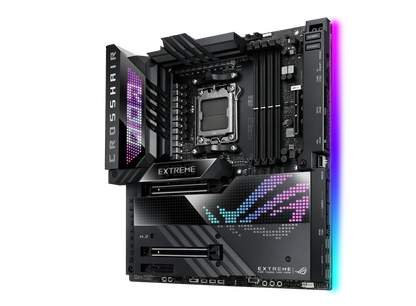 ASUS ROG Crosshair X670E Extreme, Gargantuan 20 + 2 teamed power solution, 6400 MT/s+, AMD EXPO, DRAM IC profiles, and AEMP,PCIe. 5.0,PCIe 5.0 M.2 Card