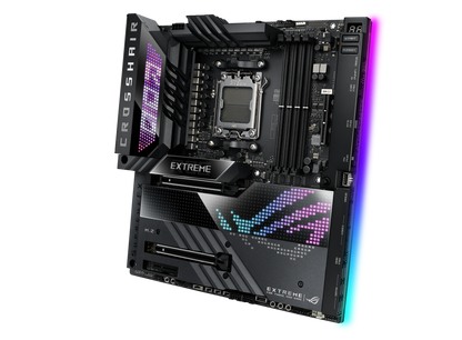 ASUS ROG Crosshair X670E Extreme, Gargantuan 20 + 2 teamed power solution, 6400 MT/s+, AMD EXPO, DRAM IC profiles, and AEMP,PCIe. 5.0,PCIe 5.0 M.2 Card