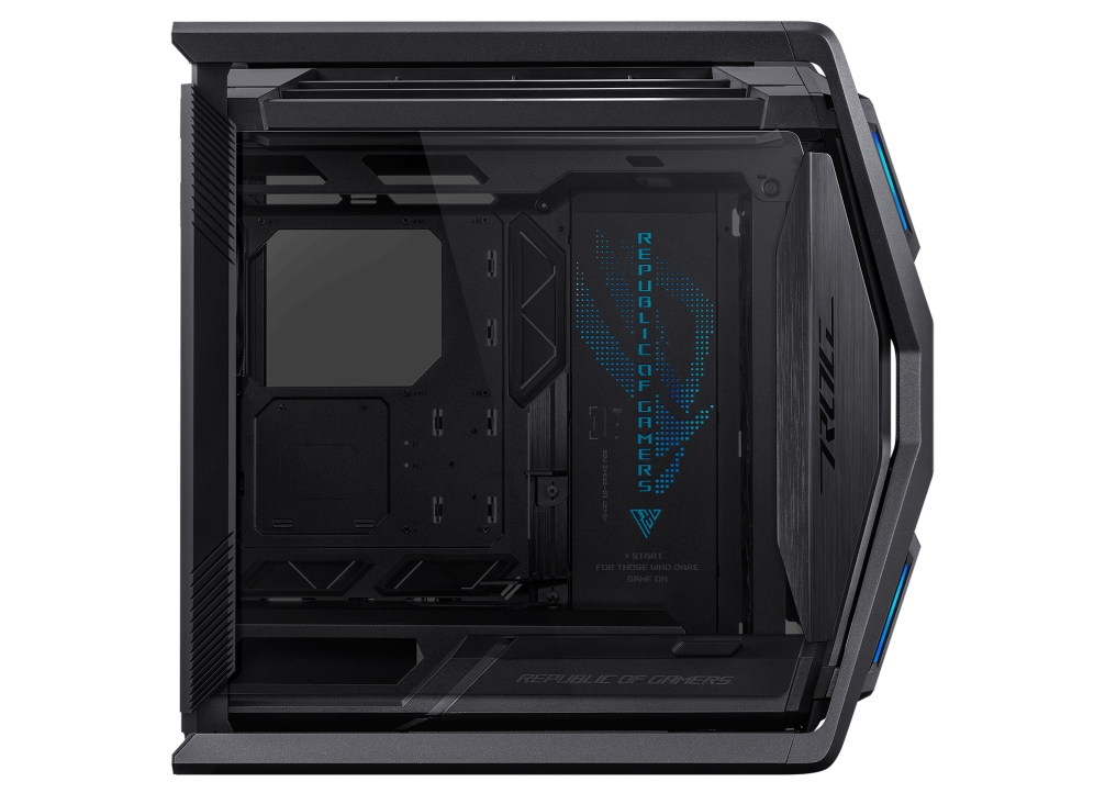 ASUS ROG Hyperion GR701 E-ATX computer case, 420 mm dual radiator support, four 140 mm fans, metal GPU holder, component storage, ARGB fan hub, 60W fast charging